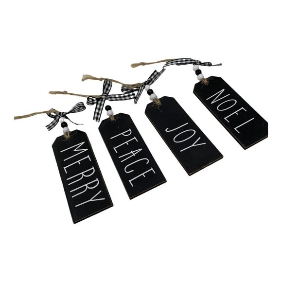 Christmas Mini Farmhouse Tag Ornament Set Of 4 Peace Joy Noel Checkered Ribbon - Picture 2 of 7